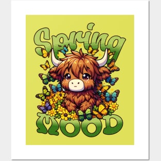 Cute Highland Cow with Butterflies and Flowers Posters and Art